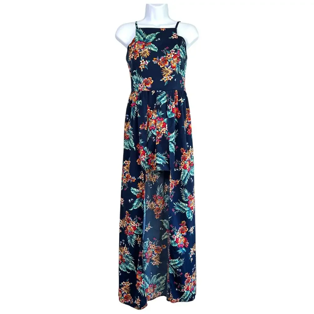 Band of Gypsies Floral Romper Dress Sz S Navy Tropical Maxi Overlay Boho Resort - Picture 1 of 5